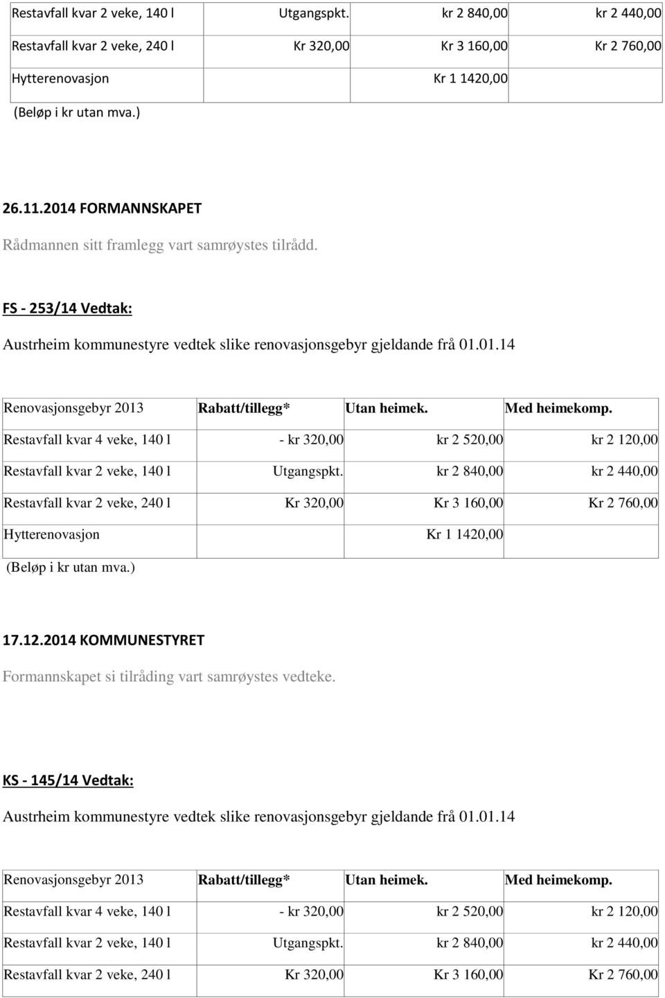 Med heimekomp. Restavfall kvar 4 veke, 140 l - kr 320,00 kr 2 520,00 kr 2 120,00 Restavfall kvar 2 veke, 140 l Utgangspkt.