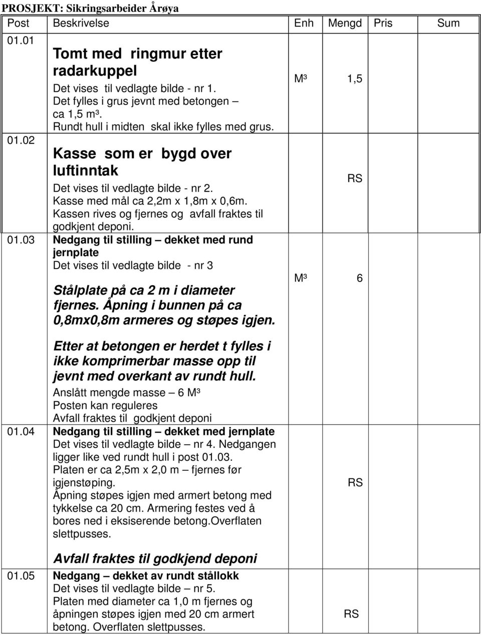 Kassen rives og fjernes og avfall fraktes til godkjent deponi. 01.03 Nedgang til stilling dekket med rund jernplate Det vises til vedlagte bilde - nr 3 Stålplate på ca 2 m i diameter fjernes.