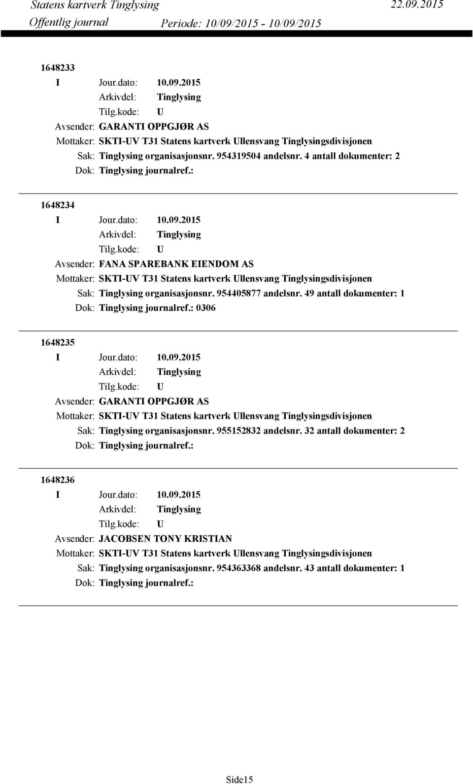 49 antall dokumenter: 1 Dok: journalref.: 0306 1648235 Avsender: GARANTI OPPGJØR AS Mottaker: SKTI-V T31 Statens kartverk llensvang sdivisjonen organisasjonsnr. 955152832 andelsnr.