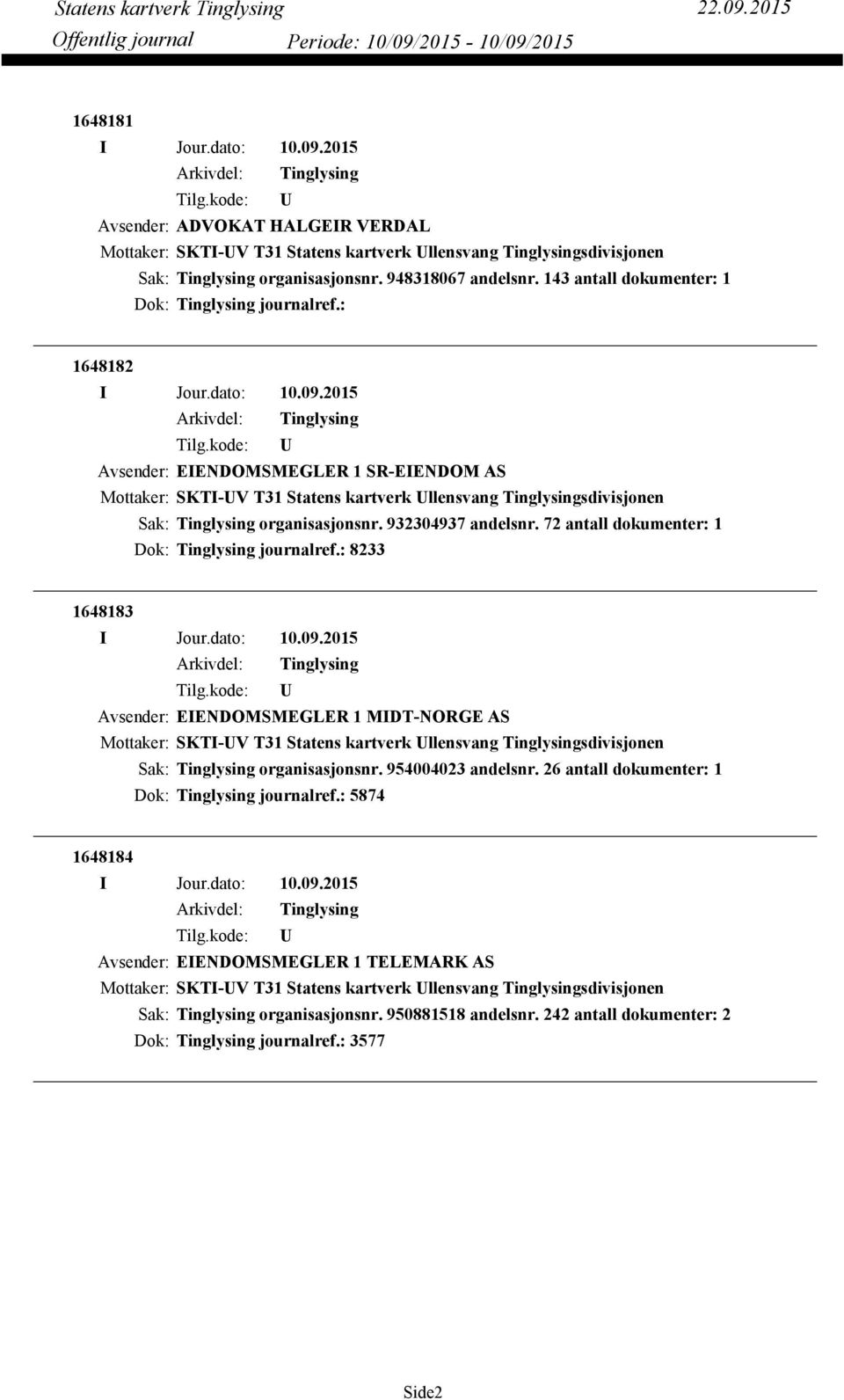 72 antall dokumenter: 1 Dok: journalref.: 8233 1648183 Avsender: EIENDOMSMEGLER 1 MIDT-NORGE AS Mottaker: SKTI-V T31 Statens kartverk llensvang sdivisjonen organisasjonsnr. 954004023 andelsnr.