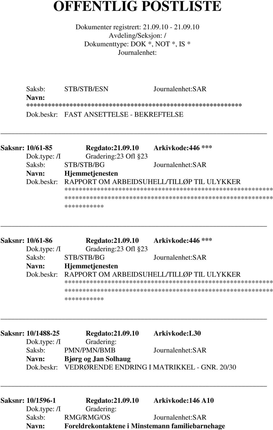 10 Arkivkode:446 *** 23 Ofl 23 Saksb: STB/STB/BG SAR Hjemmetjenesten Dok.beskr: RAPPORT OM ARBEIDSUHELL/TILLØP TIL ULYKKER *********** Saksnr: 10/1488-25 Regdato:21.09.