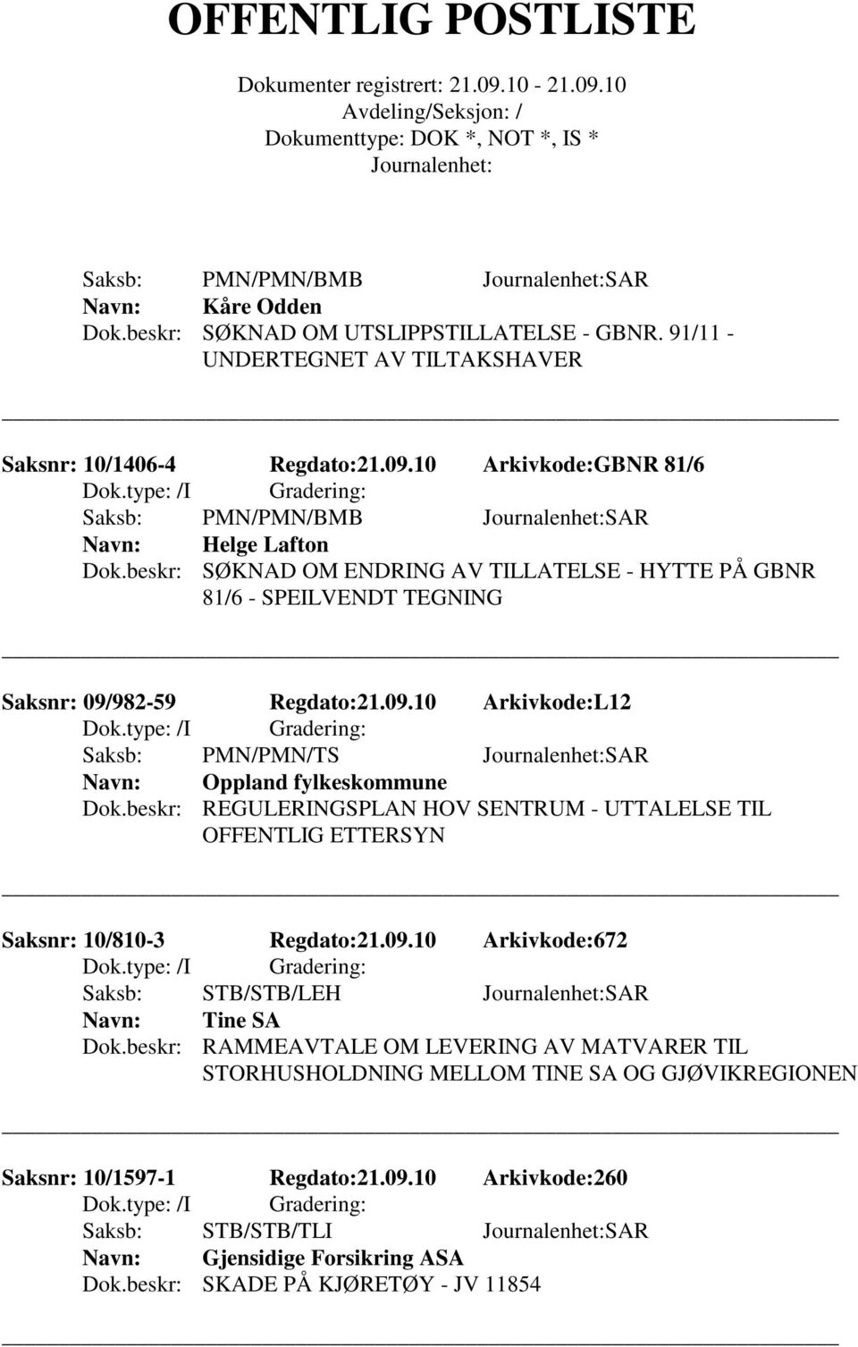 982-59 Regdato:21.09.10 Arkivkode:L12 Saksb: PMN/PMN/TS SAR Oppland fylkeskommune Dok.beskr: REGULERINGSPLAN HOV SENTRUM - UTTALELSE TIL OFFENTLIG ETTERSYN Saksnr: 10/810-3 Regdato:21.09.10 Arkivkode:672 Saksb: STB/STB/LEH SAR Tine SA Dok.