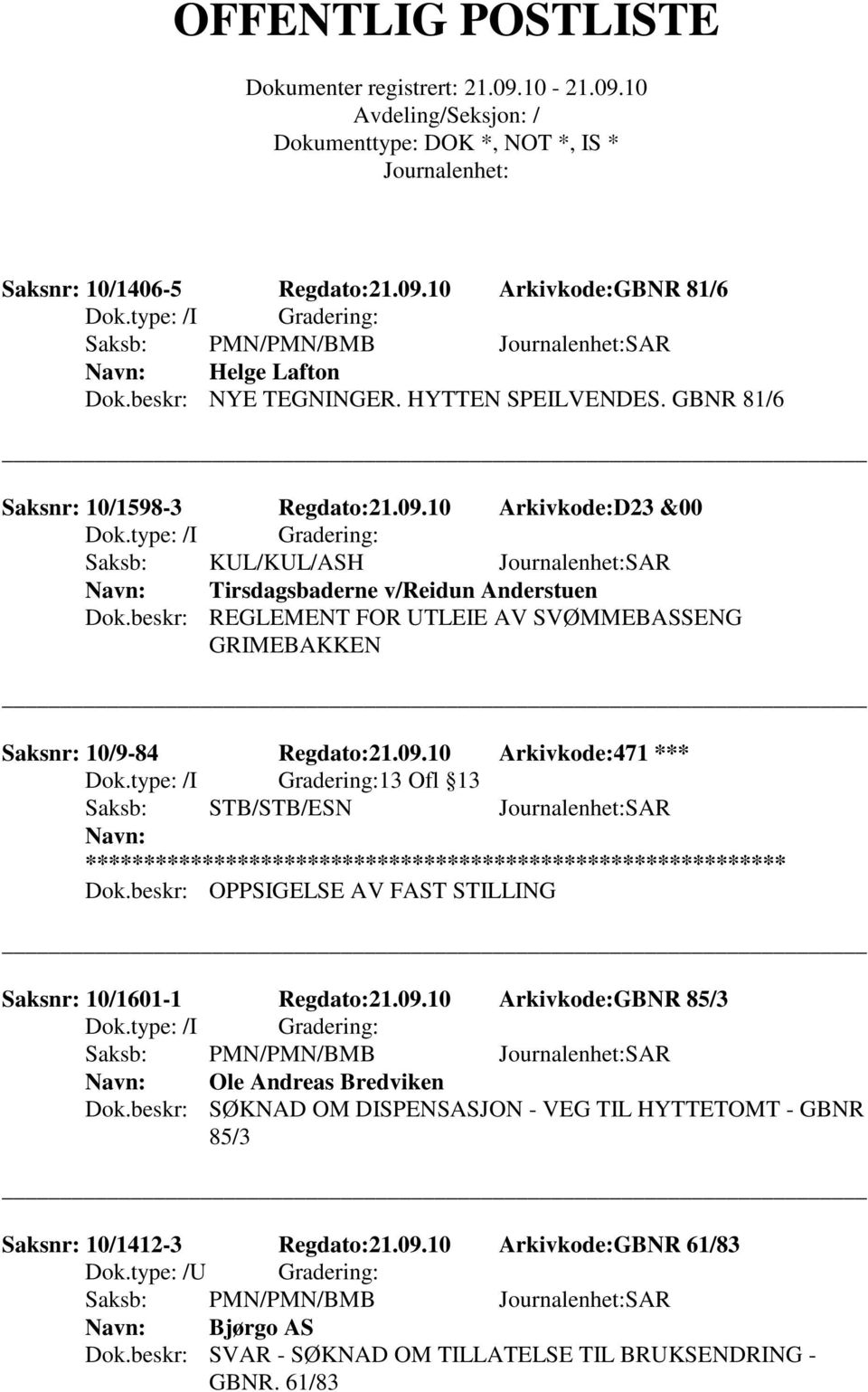 beskr: OPPSIGELSE AV FAST STILLING Saksnr: 10/1601-1 Regdato:21.09.10 Arkivkode:GBNR 85/3 Saksb: PMN/PMN/BMB SAR Ole Andreas Bredviken Dok.