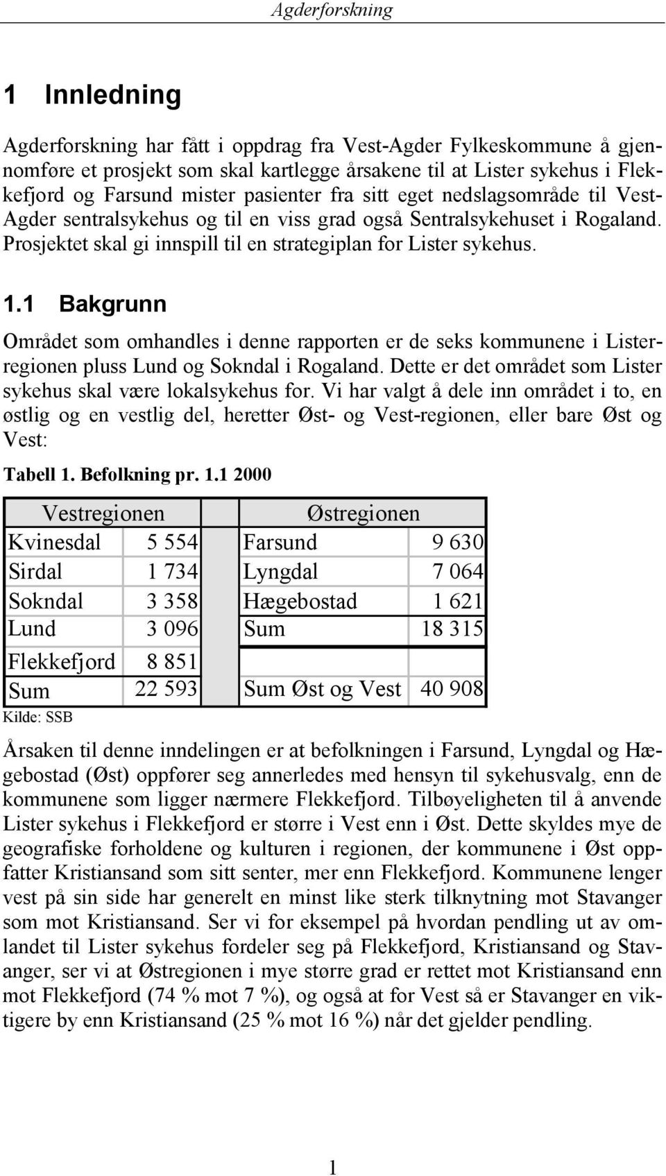1 Bakgrunn Området som omhandles i denne rapporten er de seks kommunene i Listerregionen pluss Lund og Sokndal i Rogaland. Dette er det området som Lister sykehus skal være lokalsykehus for.