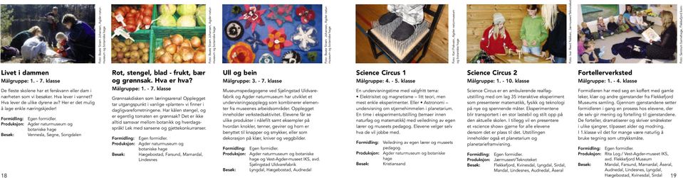 Hva er hva? Ull og bein Målgruppe: 3. - 7. klasse Science Circus 1 Målgruppe: 4. - 5. klasse Science Circus 2 Målgruppe: 1. - 10. klasse Fortellerverksted Målgruppe: 1. - 4.