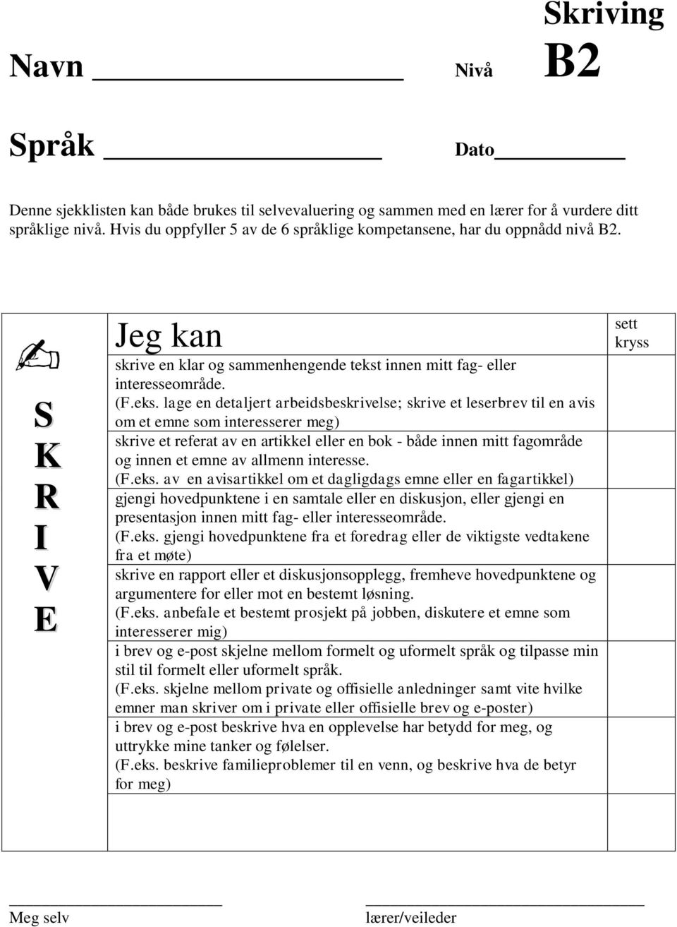 lage en detaljert arbeidsbeskrivelse; skrive et leserbrev til en avis om et emne som interesserer meg) skrive et referat av en artikkel eller en bok - både innen mitt fagområde og innen et emne av