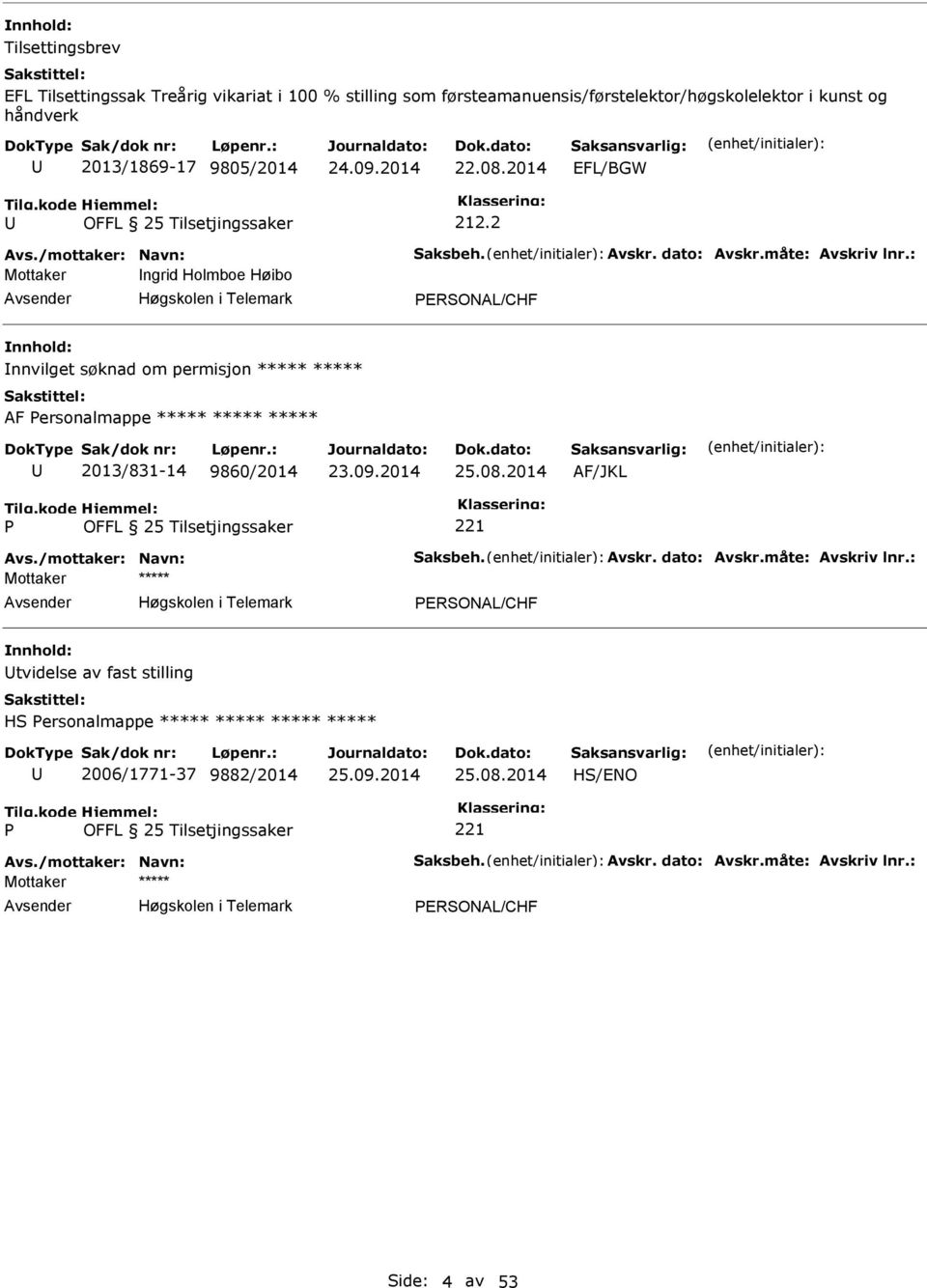 : Mottaker ngrid Holmboe Høibo ERONAL/CHF nnvilget søknad om permisjon ***** ***** AF ersonalmappe ***** ***** ***** 2013/831-14 9860/2014 25.08.2014 AF/JKL 221 Avs.