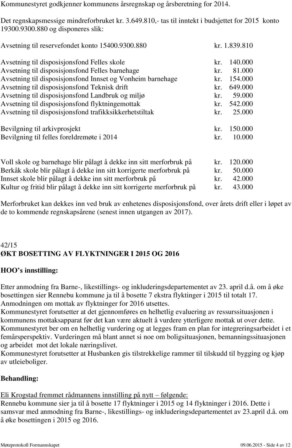 81.000 Avsetning til disposisjonsfond Innset og Vonheim barnehage kr. 154.000 Avsetning til disposisjonsfond Teknisk drift kr. 649.000 Avsetning til disposisjonsfond Landbruk og miljø kr. 59.