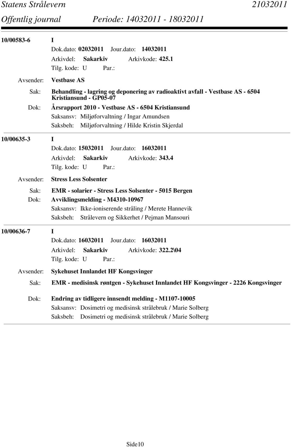 Amundsen Saksbeh: Miljøforvaltning / Hilde Kristin Skjerdal 10/00635-3 I Dok.dato: 15032011 Jour.