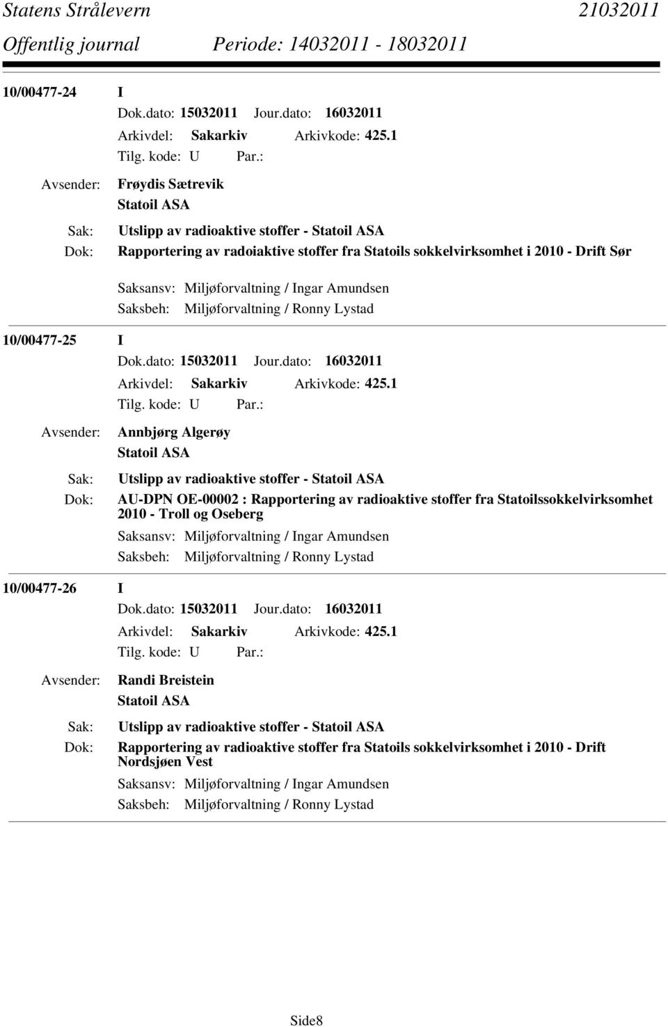 Amundsen Saksbeh: Miljøforvaltning / Ronny Lystad 10/00477-25 I Dok.dato: 15032011 Jour.dato: 16032011 Arkivdel: Sakarkiv Arkivkode: 425.