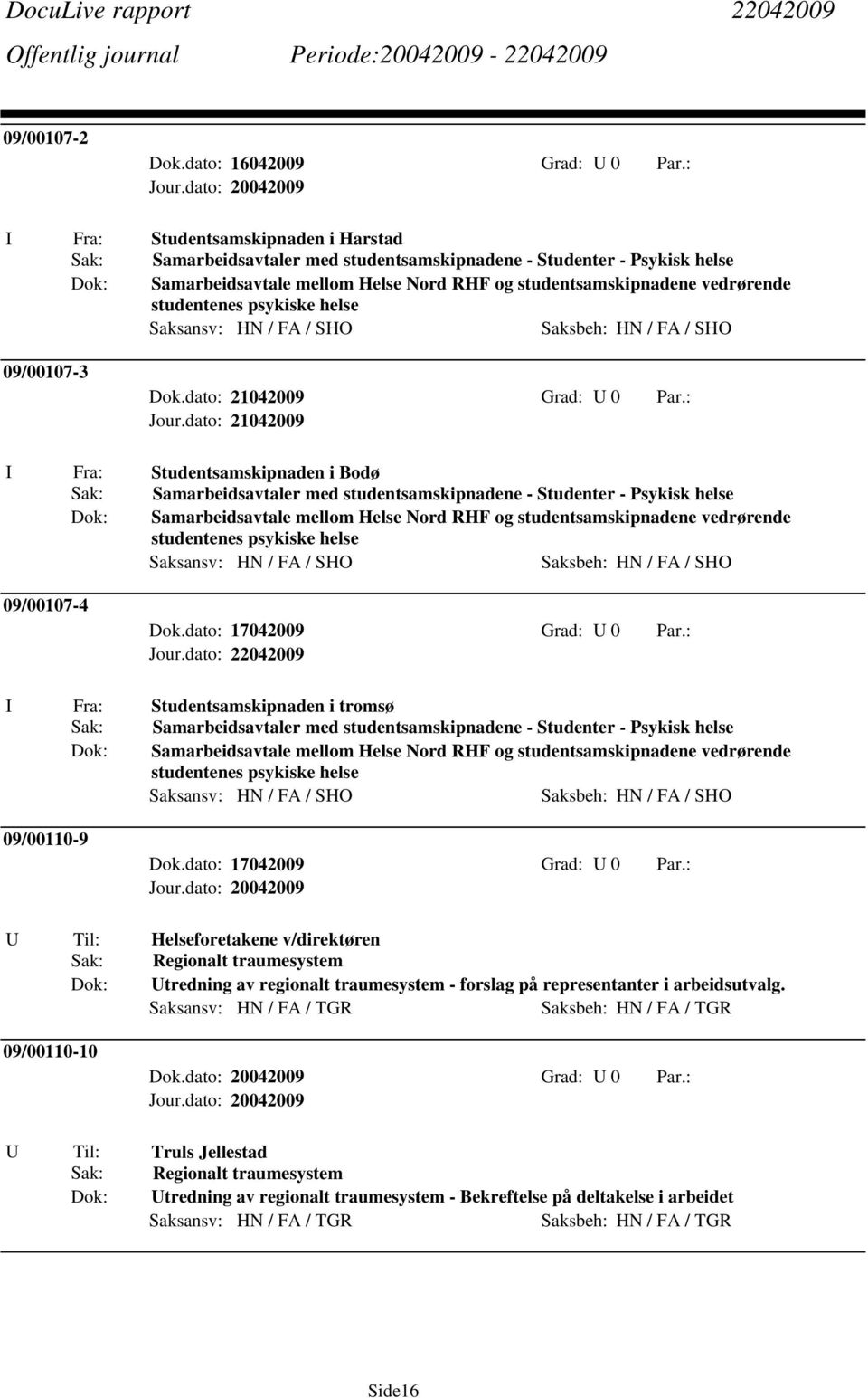 studentenes psykiske helse Saksansv: HN / FA / SHO Saksbeh: HN / FA / SHO 09/00107-3 Dok.dato: 21042009 Grad: U 0 Par.