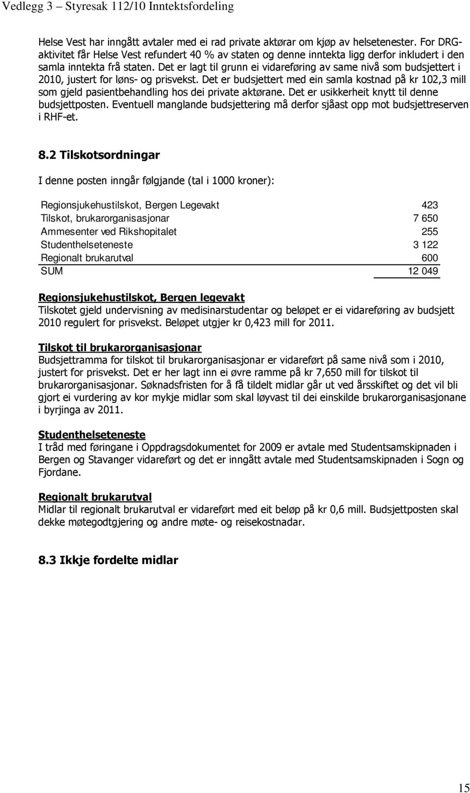 Det er lagt til grunn ei vidareføring av same nivå som budsjettert i 2010, justert for løns- og prisvekst.