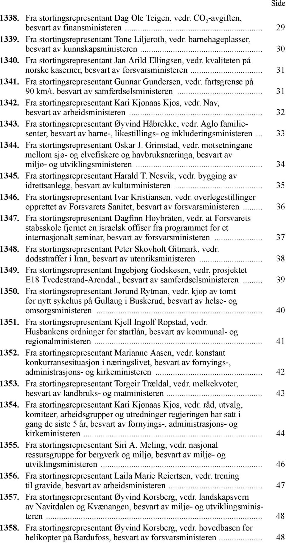 Fra stortingsrepresentant Gunnar Gundersen, vedr. fartsgrense på 90 km/t, besvart av samferdselsministeren... 31 1342. Fra stortingsrepresentant Kari Kjønaas Kjos, vedr.