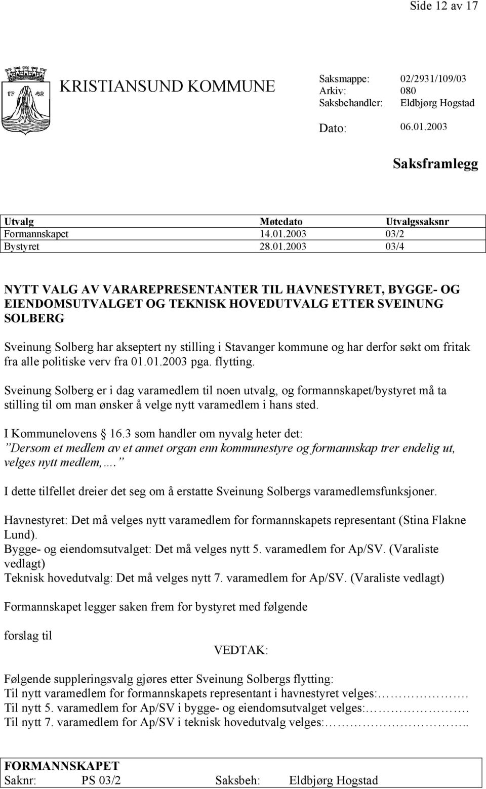 og har derfor søkt om fritak fra alle politiske verv fra 01.01.2003 pga. flytting.