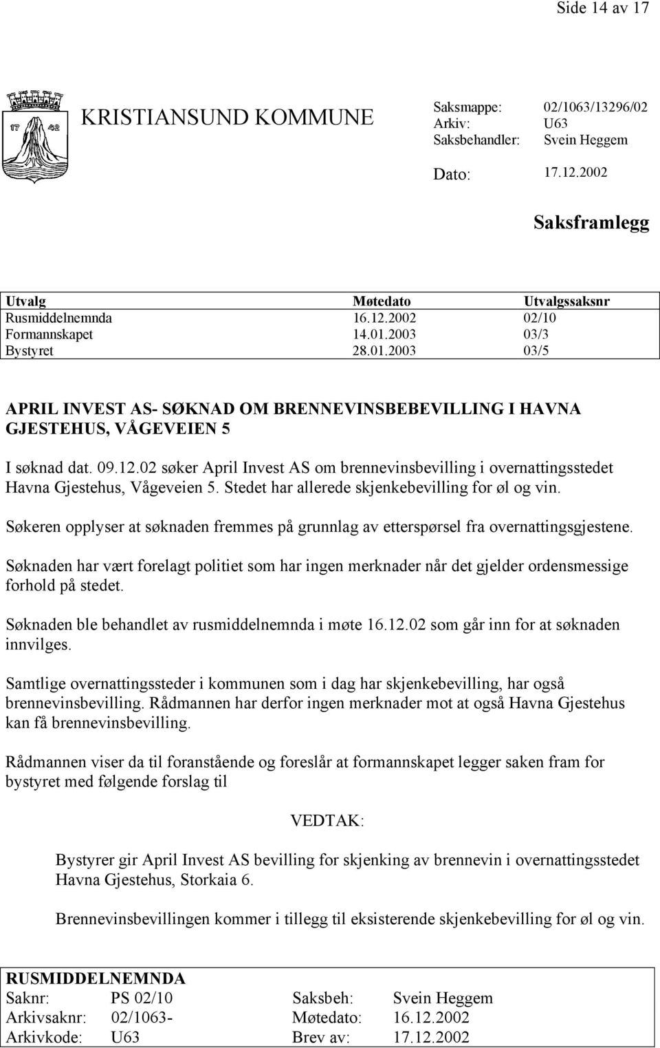 02 søker April Invest AS om brennevinsbevilling i overnattingsstedet Havna Gjestehus, Vågeveien 5. Stedet har allerede skjenkebevilling for øl og vin.