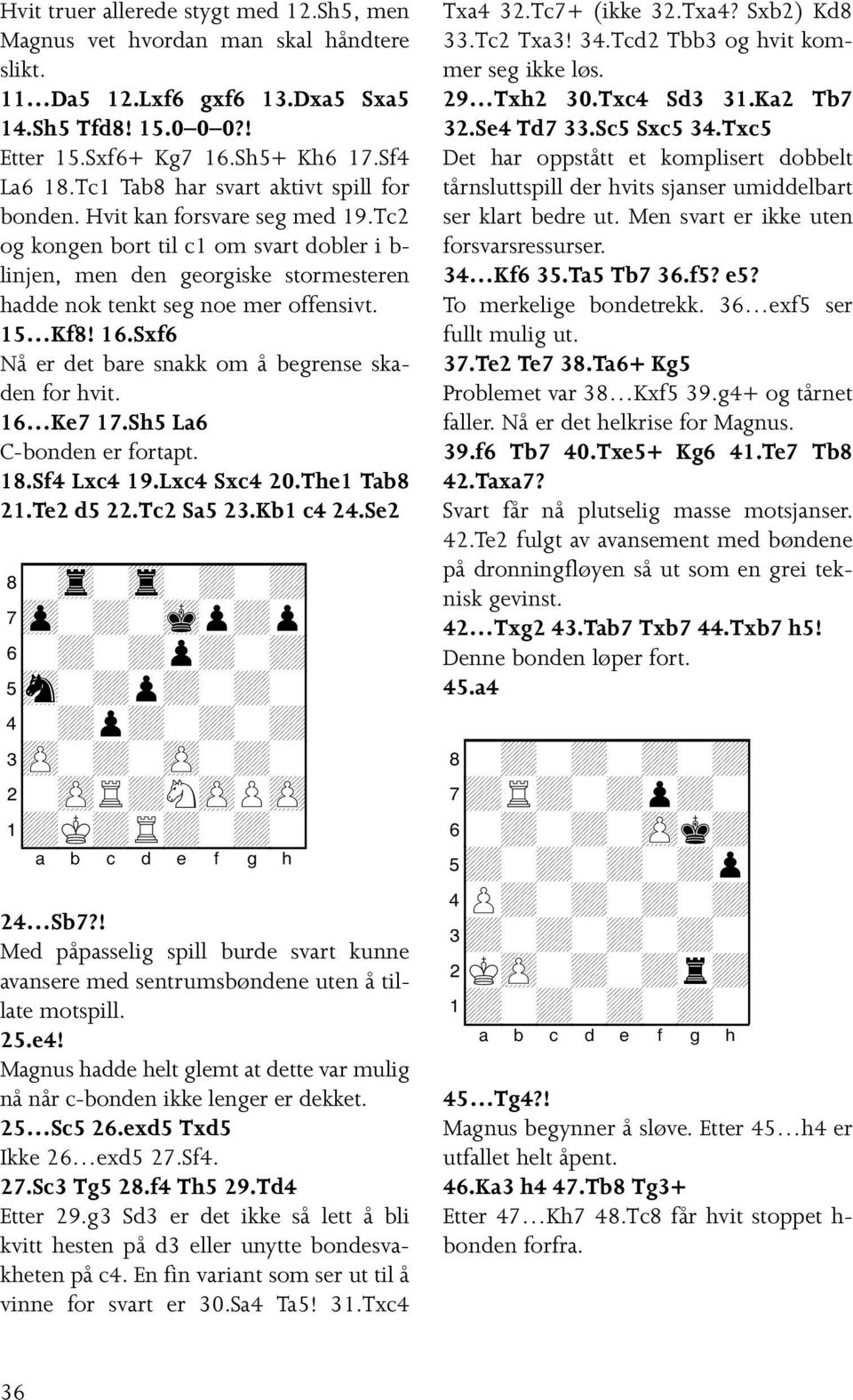 15 Kf8! 16.Sxf6 Nå er det bare snakk om å begrense skaden for hvit. 16 Ke7 17.Sh5 La6 C-bonden er fortapt. 18.Sf4 Lxc4 19.Lxc4 Sxc4 20.The1 Tab8 21.Te2 d5 22.Tc2 Sa5 23.Kb1 c4 24.