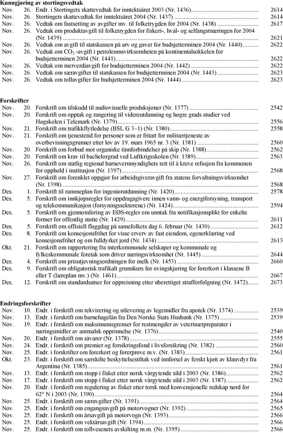 1440)... 2622 Nov. 26. Vedtak om CO 2 -avgift i petroleumsvirksomheten på kontinentalsokkelen for budsjetterminen 2004 (Nr. 1441)... 2622 Nov. 26. Vedtak om merverdiavgift for budsjetterminen 2004 (Nr.