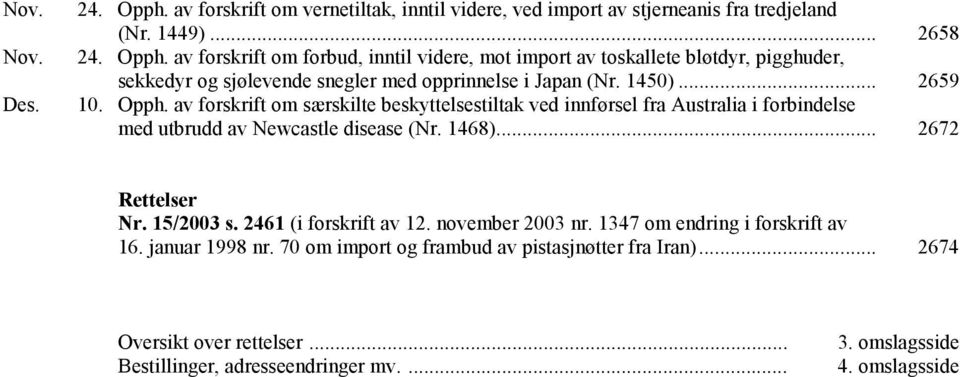 15/2003 s. 2461 (i forskrift av 12. november 2003 nr. 1347 om endring i forskrift av 16. januar 1998 nr. 70 om import og frambud av pistasjnøtter fra Iran).