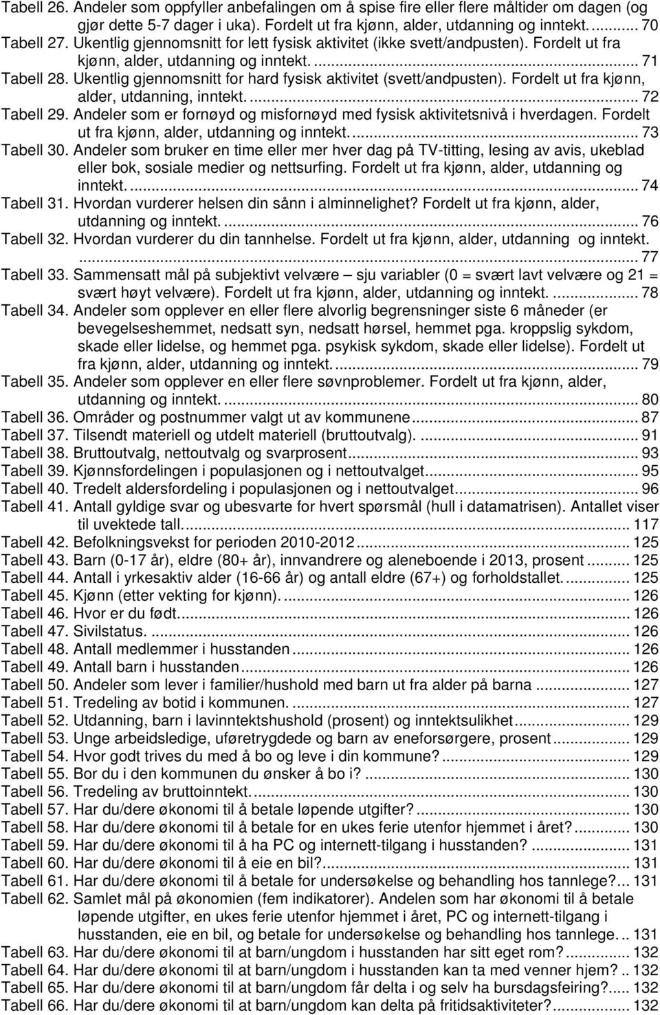 Ukentlig gjennomsnitt for hard fysisk aktivitet (svett/andpusten). Fordelt ut fra kjønn, alder, utdanning, inntekt.... 72 Tabell 29.