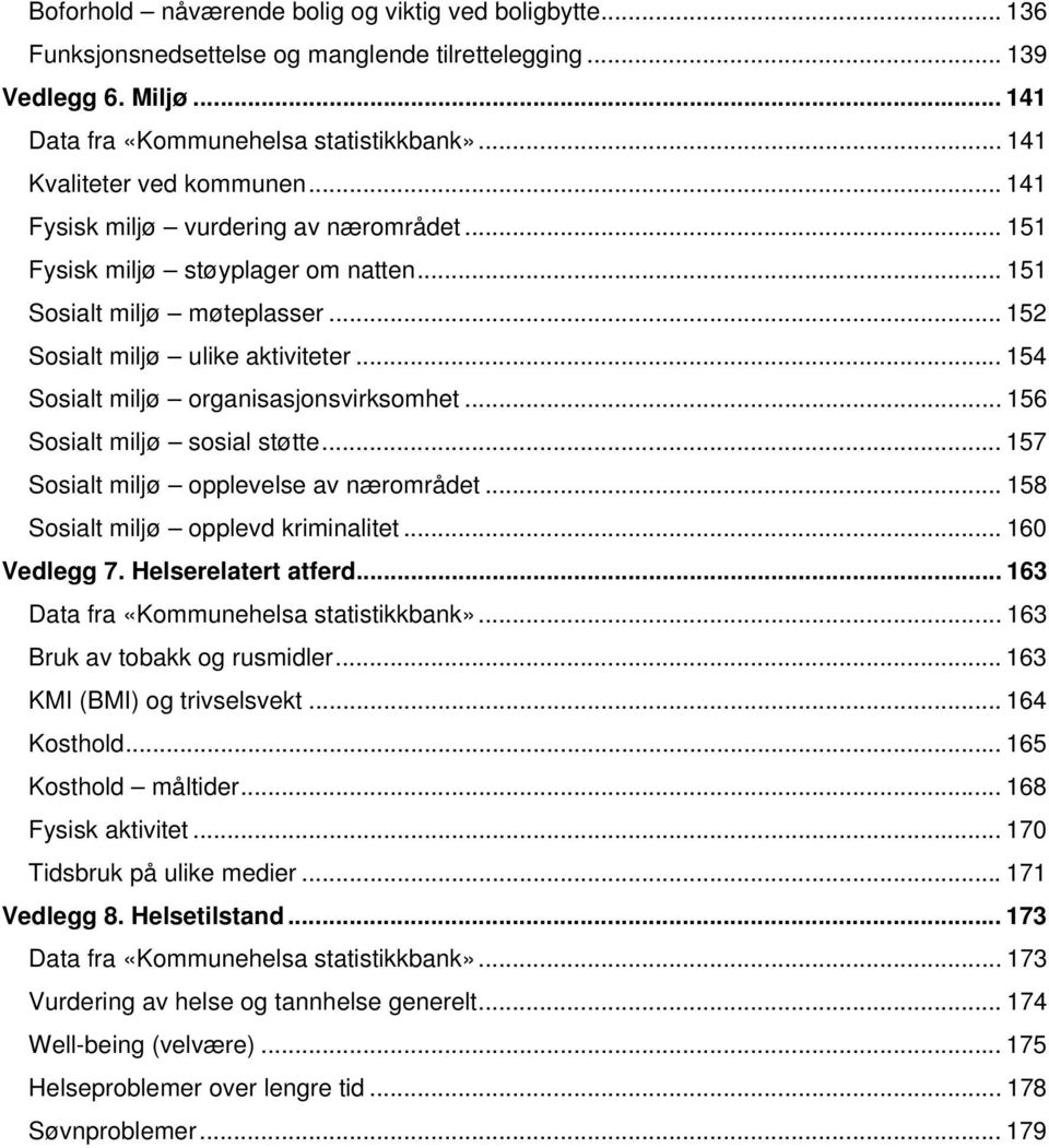 .. 156 Sosialt miljø sosial støtte... 157 Sosialt miljø opplevelse av nærområdet... 158 Sosialt miljø opplevd kriminalitet... 160 Vedlegg 7. Helserelatert atferd.