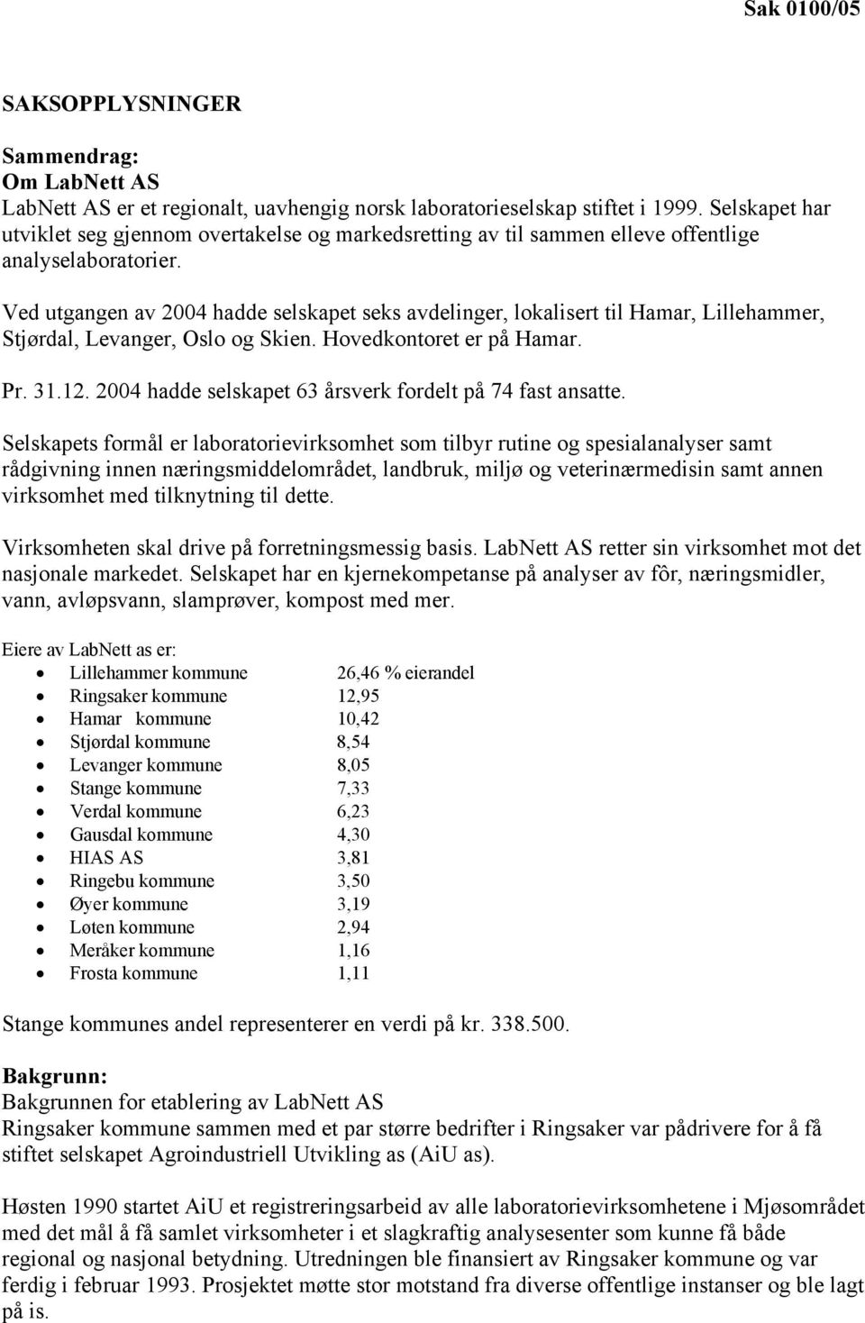 Ved utgangen av 2004 hadde selskapet seks avdelinger, lokalisert til Hamar, Lillehammer, Stjørdal, Levanger, Oslo og Skien. Hovedkontoret er på Hamar. Pr. 31.12.