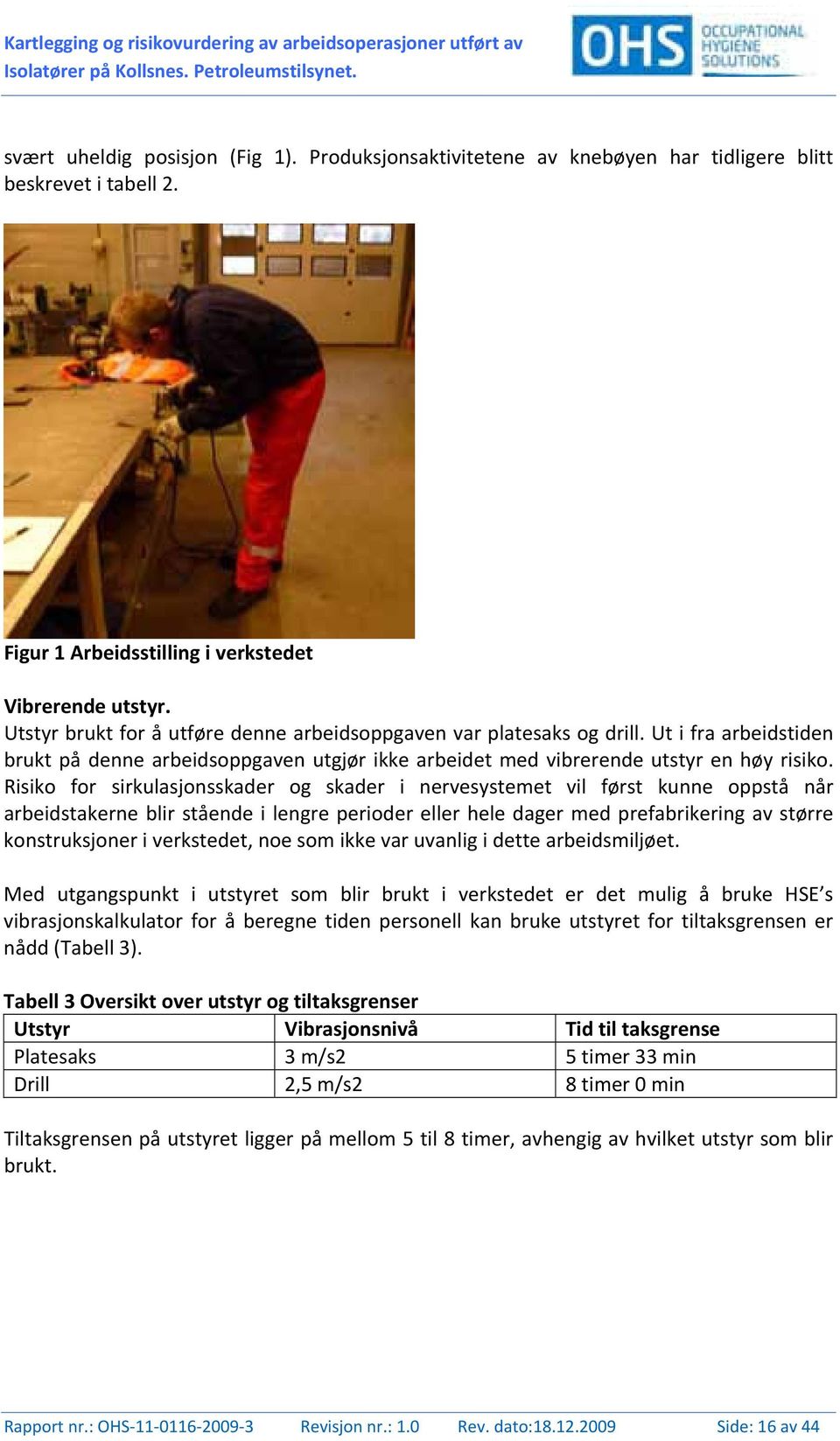 Utstyr brukt for å utføre denne arbeidsoppgaven var platesaks og drill. Ut i fra arbeidstiden brukt på denne arbeidsoppgaven utgjør ikke arbeidet med vibrerende utstyr en høy risiko.