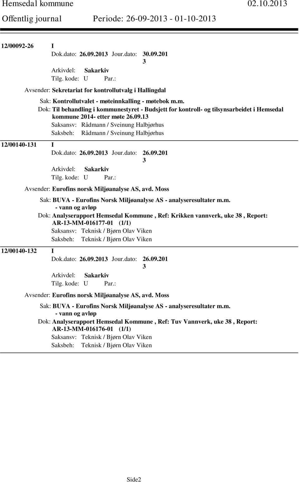 1 Saksansv: Rådmann / Sveinung Halbjørhus Saksbeh: Rådmann / Sveinung Halbjørhus 12/00140-11 I Dok.dato: 26.09.201 Jour.dato: 26.09.201 Avsender: Eurofins norsk Miljøanalyse AS, avd.