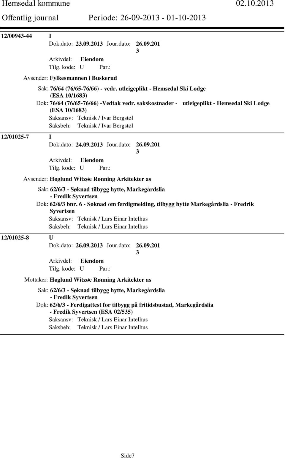 sakskostnader - utleigeplikt - Hemsedal Ski Lodge (ESA 10/168) Saksansv: Teknisk / Ivar Bergstøl Saksbeh: Teknisk / Ivar Bergstøl 12/01025-7 I Dok.dato: 24.09.