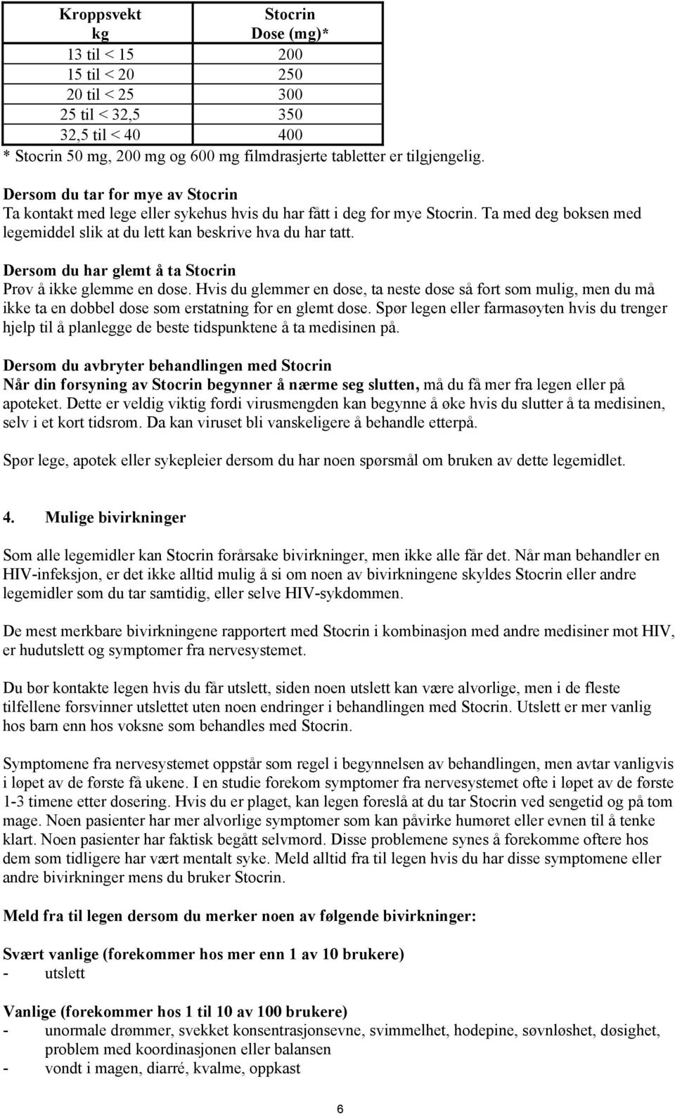 Dersom du har glemt å ta Stocrin Prøv å ikke glemme en dose. Hvis du glemmer en dose, ta neste dose så fort som mulig, men du må ikke ta en dobbel dose som erstatning for en glemt dose.