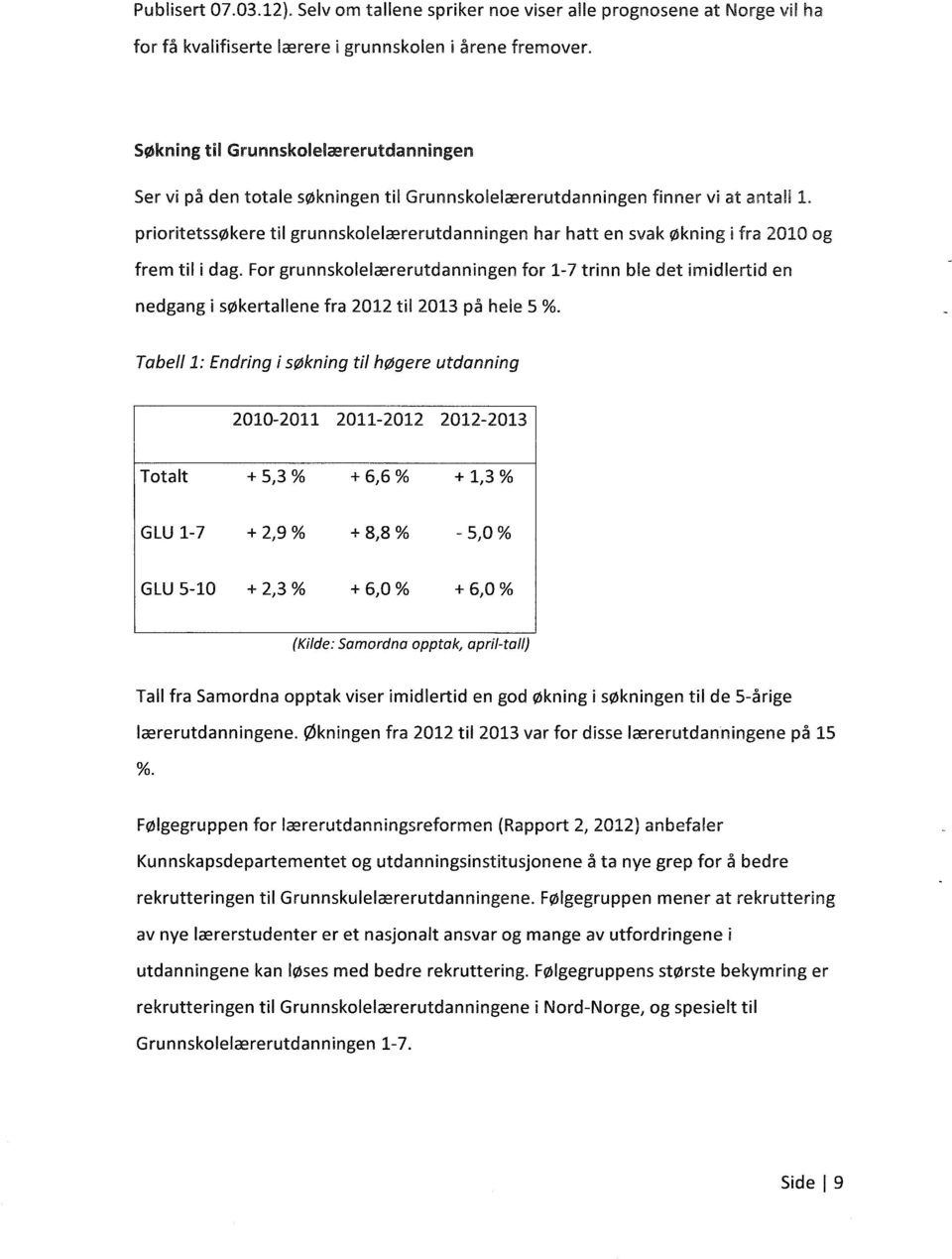 prioritetssøkere til grunnskolelærerutdanningen har hatt en svak økning i fra 2010 og frem til i dag.