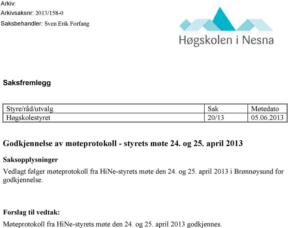 april 2013 Saksopplysninger Vedlagt følger møteprotokoll fra HiNe-styrets møte den 24. og 25.