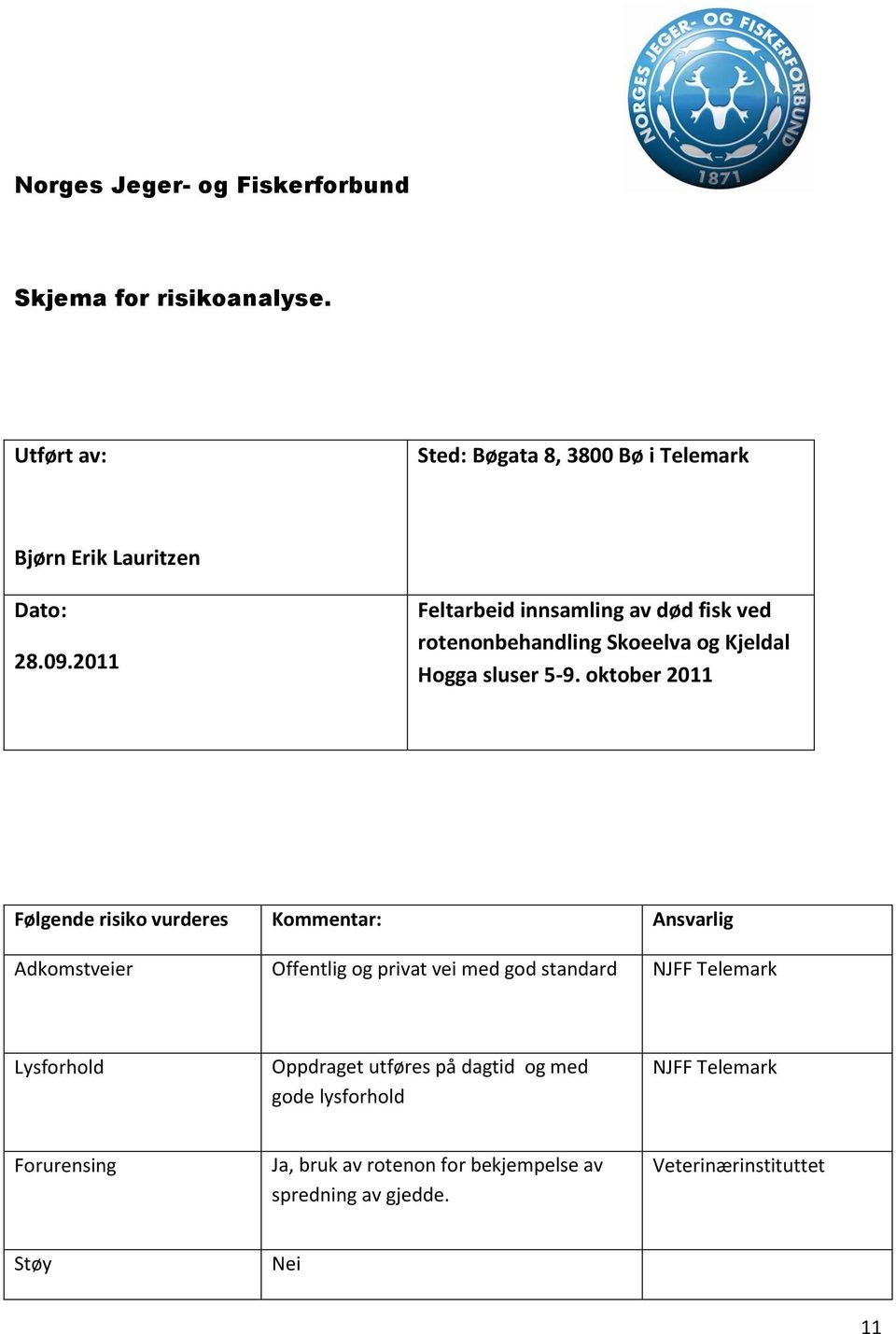 2011 Feltarbeid innsamling av død fisk ved rotenonbehandling Skoeelva og Kjeldal Hogga sluser 5-9.