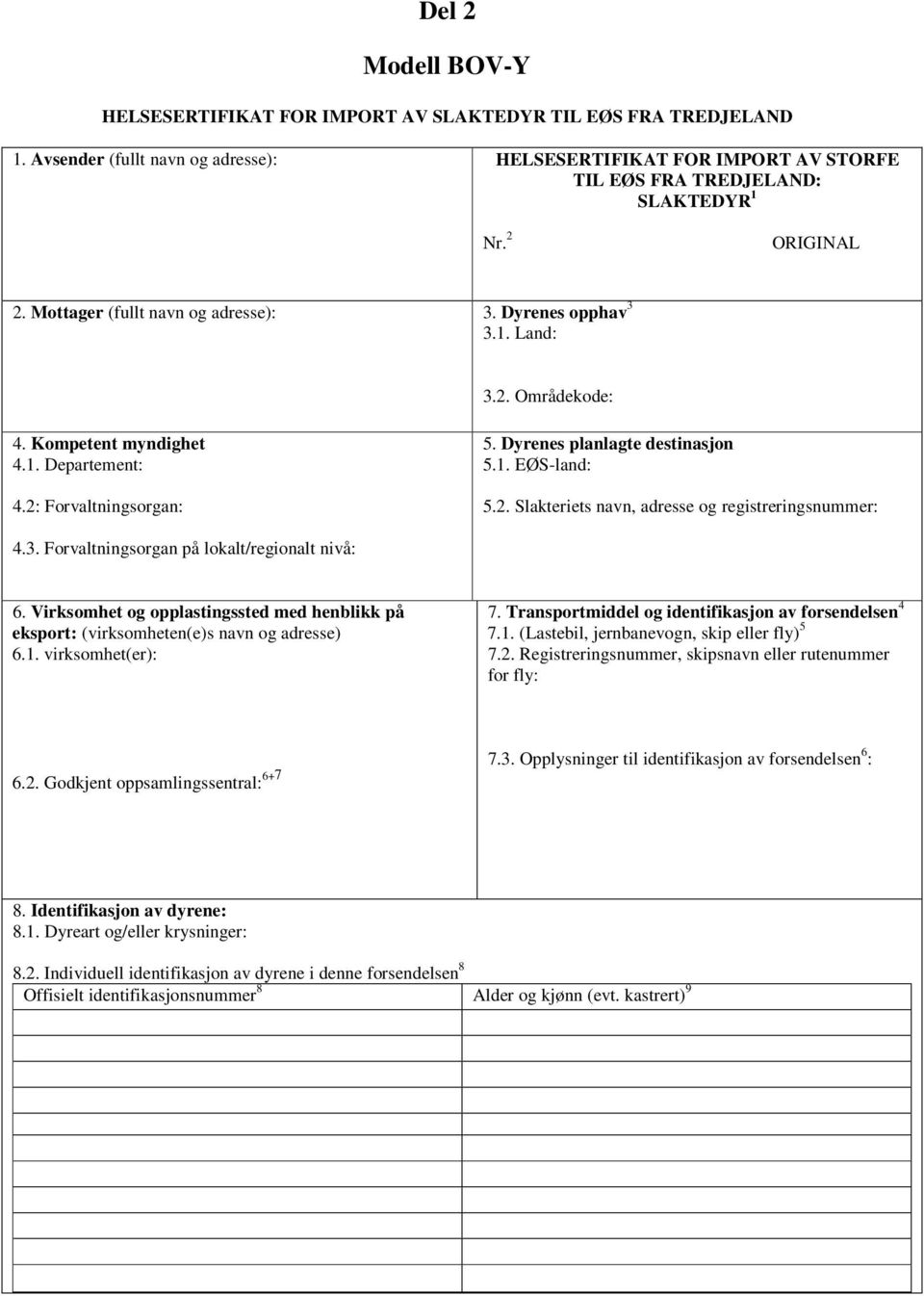 2. Slakteriets navn, adresse og registreringsnummer: 4.3. Forvaltningsorgan på lokalt/regionalt nivå: 6. Virksomhet og opplastingssted med henblikk på eksport: (virksomheten(e)s navn og adresse) 6.1.