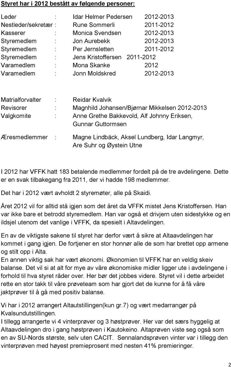 Revisorer : Magnhild Johansen/Bjørnar Mikkelsen 2012-2013 Valgkomite : Anne Grethe Bakkevold, Alf Johnny Eriksen, Gunnar Guttormsen Æresmedlemmer : Magne Lindbäck, Aksel Lundberg, Idar Langmyr, Are