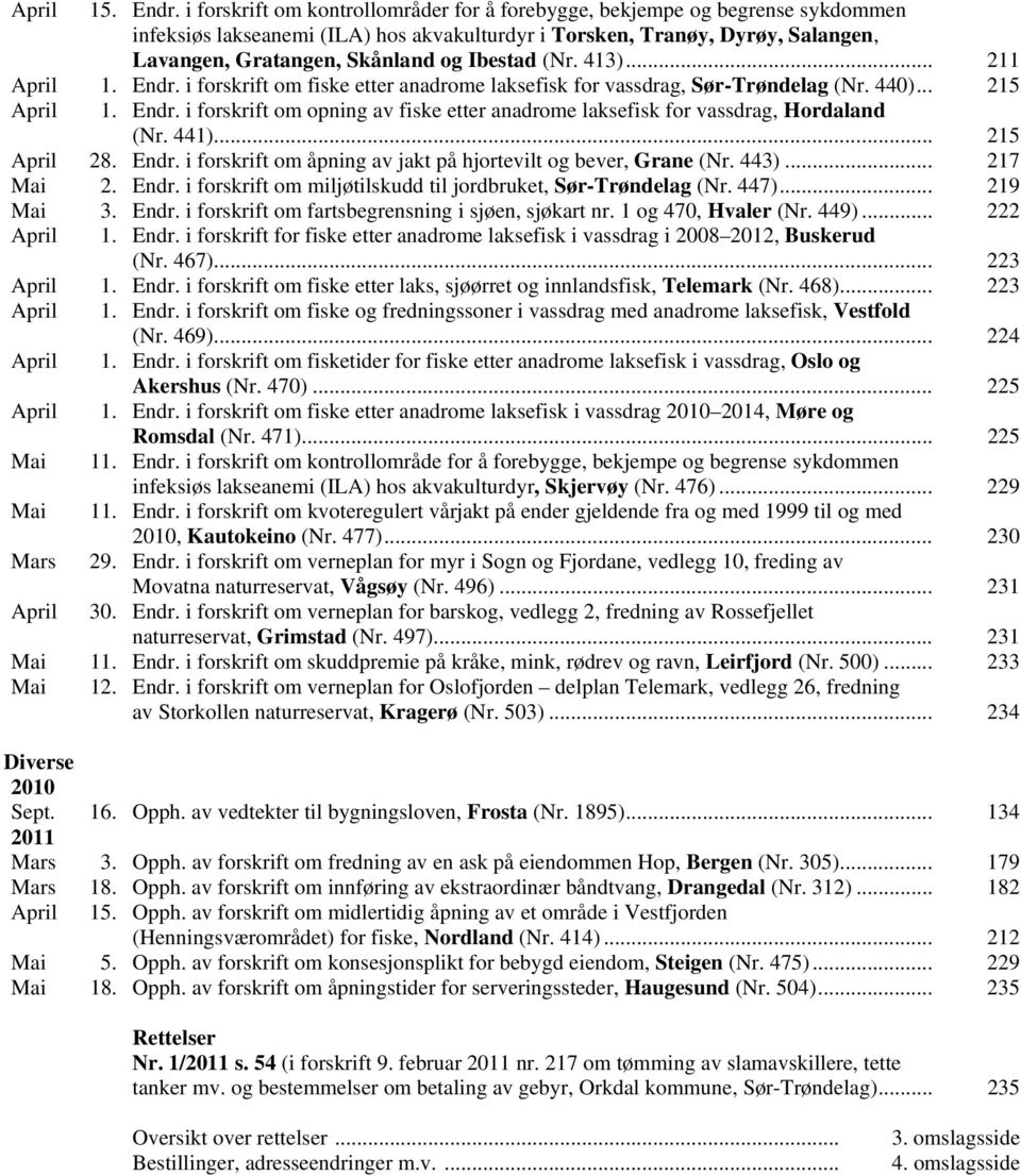 Ibestad (Nr. 413)... 211 April 1. Endr. i forskrift om fiske etter anadrome laksefisk for vassdrag, Sør-Trøndelag (Nr. 440)... 215 April 1. Endr. i forskrift om opning av fiske etter anadrome laksefisk for vassdrag, Hordaland (Nr.