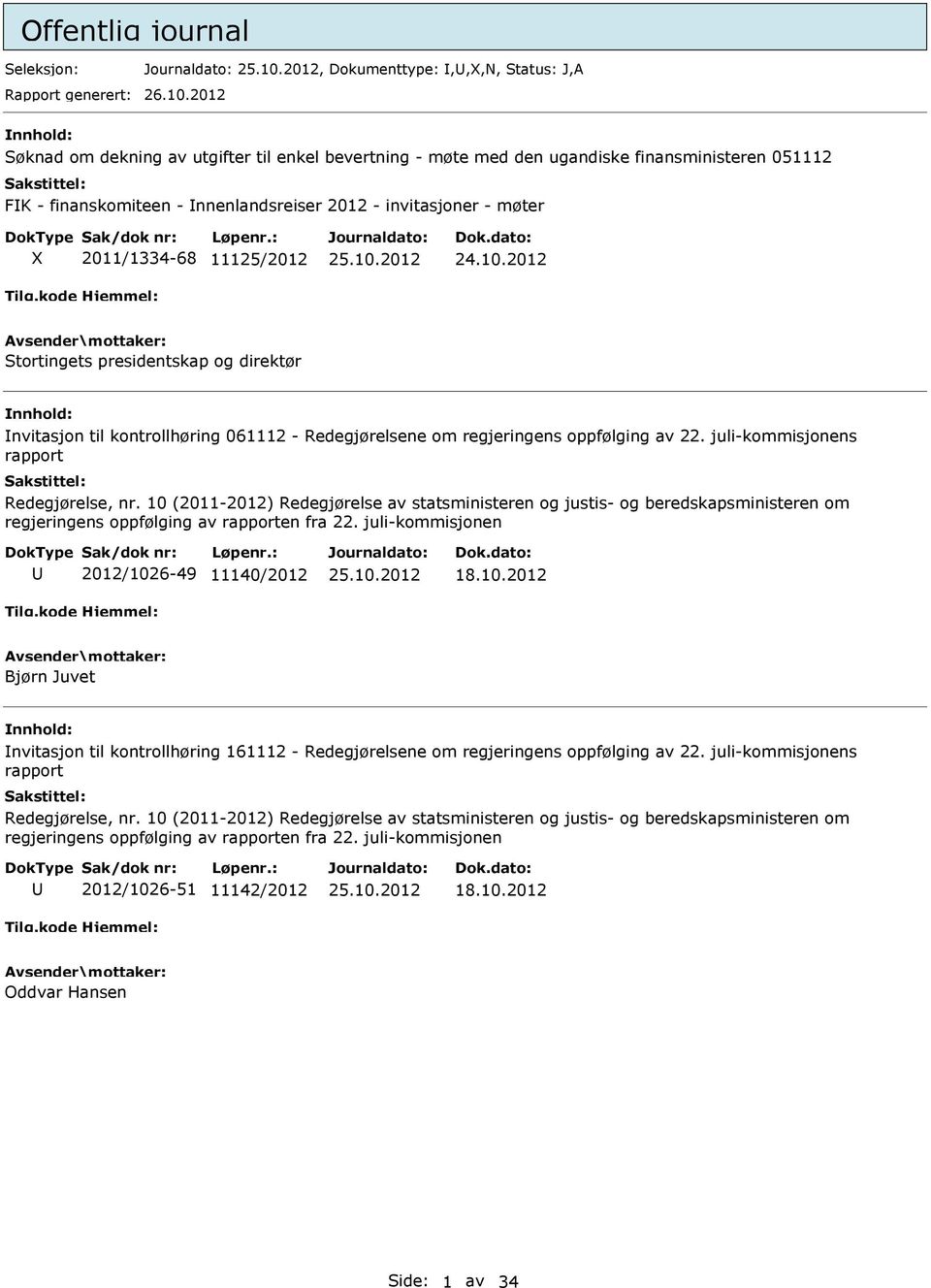 11125/2012 Stortingets presidentskap og direktør nnhold: nvitasjon til kontrollhøring 061112 - Redegjørelsene om regjeringens oppfølging av 22. juli-kommisjonens rapport Redegjørelse, nr.