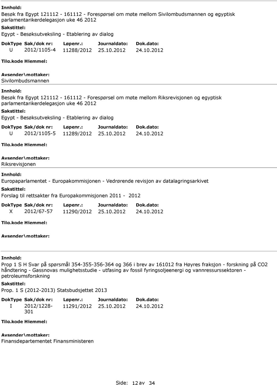 av dialog 2012/1105-5 11289/2012 Riksrevisjonen nnhold: Europaparlamentet - Europakommisjonen - Vedrørende revisjon av datalagringsarkivet Forslag til rettsakter fra Europakommisjonen 2011-2012 X