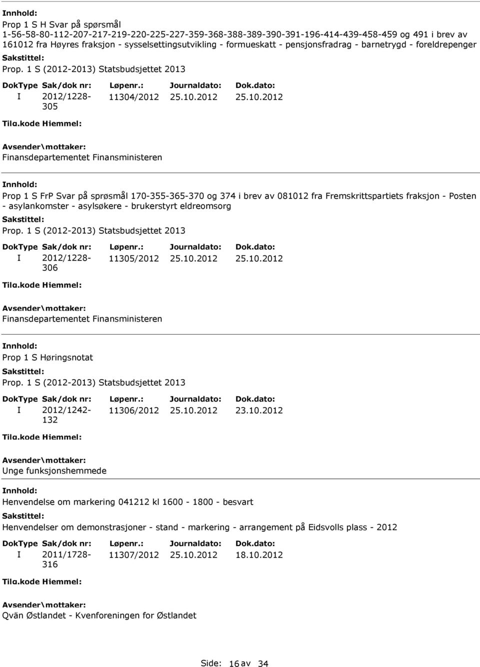 Posten - asylankomster - asylsøkere - brukerstyrt eldreomsorg 306 11305/2012 nnhold: 2012/1242-132 11306/2012 nge funksjonshemmede nnhold: Henvendelse om markering 041212 kl 1600-1800 -