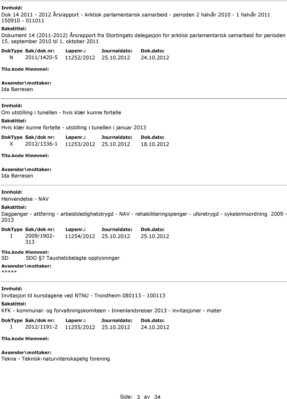 oktober 2011 N 2011/1420-5 11252/2012 da Børresen nnhold: Om utstilling i tunellen - hvis klær kunne fortelle Hvis klær kunne fortelle - utstilling i tunellen i januar 2013 X 2012/1336-1 11253/2012