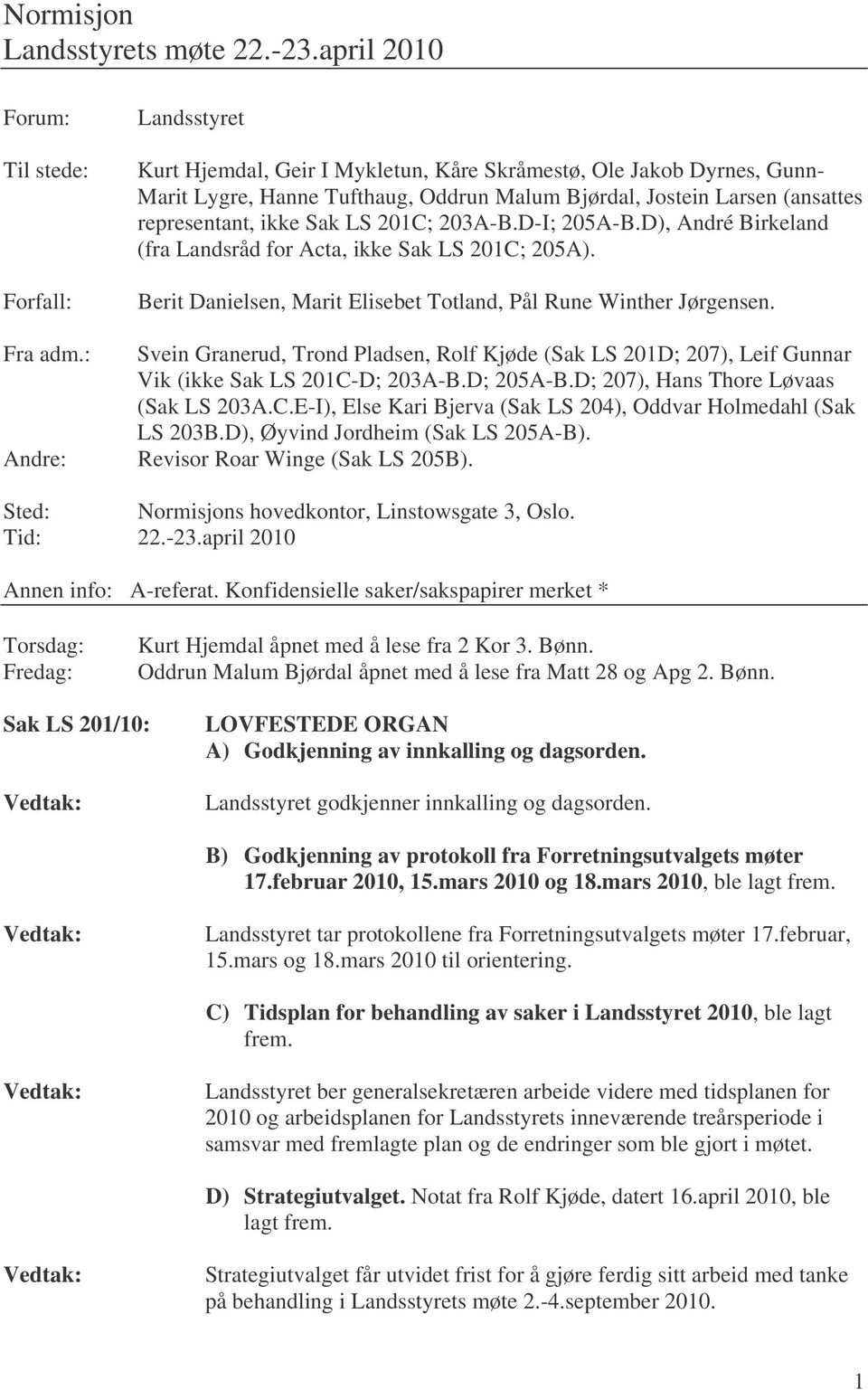 203A-B.D-I; 205A-B.D), André Birkeland (fra Landsråd for Acta, ikke Sak LS 201C; 205A). Berit Danielsen, Marit Elisebet Totland, Pål Rune Winther Jørgensen.