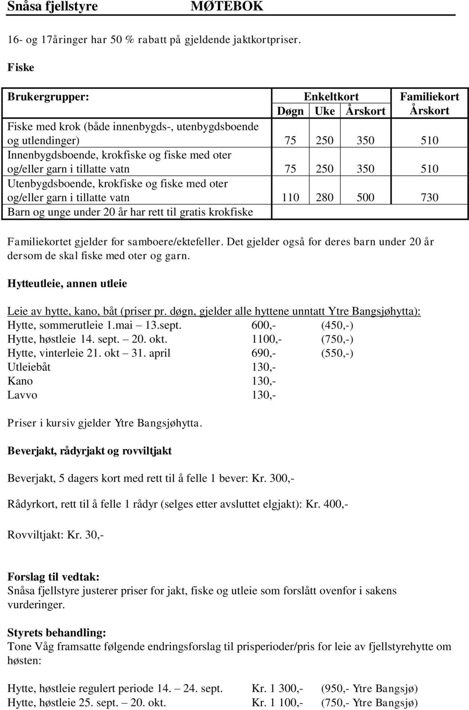 og/eller garn i tillatte vatn 75 250 350 510 Utenbygdsboende, krokfiske og fiske med oter og/eller garn i tillatte vatn 110 280 500 730 Barn og unge under 20 år har rett til gratis krokfiske