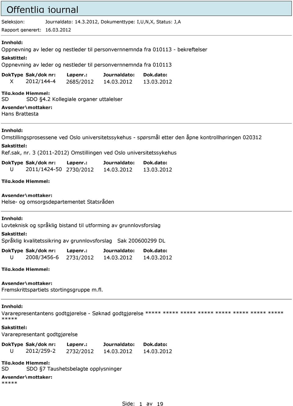 2 Kollegiale organer uttalelser Hans Brattesta Omstillingsprosessene ved Oslo universitetssykehus - spørsmål etter den åpne kontrollhøringen 020312 Ref.sak, nr.