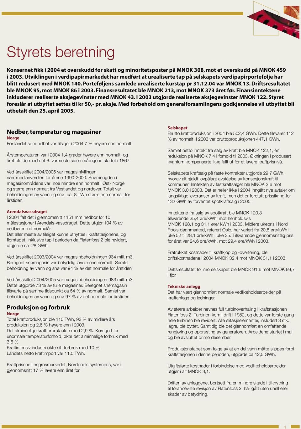 Driftsresultatet ble MNOK 95, mot MNOK 86 i 2003. Finansresultatet ble MNOK 213, mot MNOK 373 året før. Finansinntektene inkluderer realiserte aksjegevinster med MNOK 43.