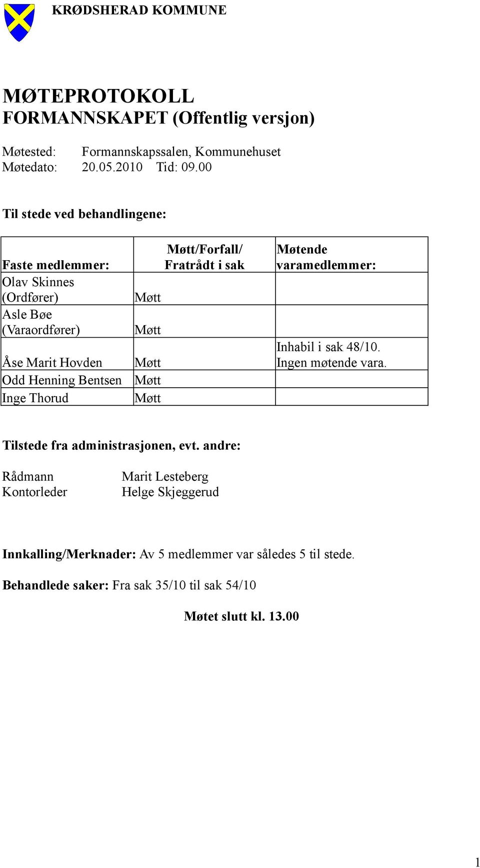 Møtt Møtt Møtt Møtt Møtt/Forfall/ Fratrådt i sak Møtende varamedlemmer: Inhabil i sak 48/10. Ingen møtende vara. Tilstede fra administrasjonen, evt.