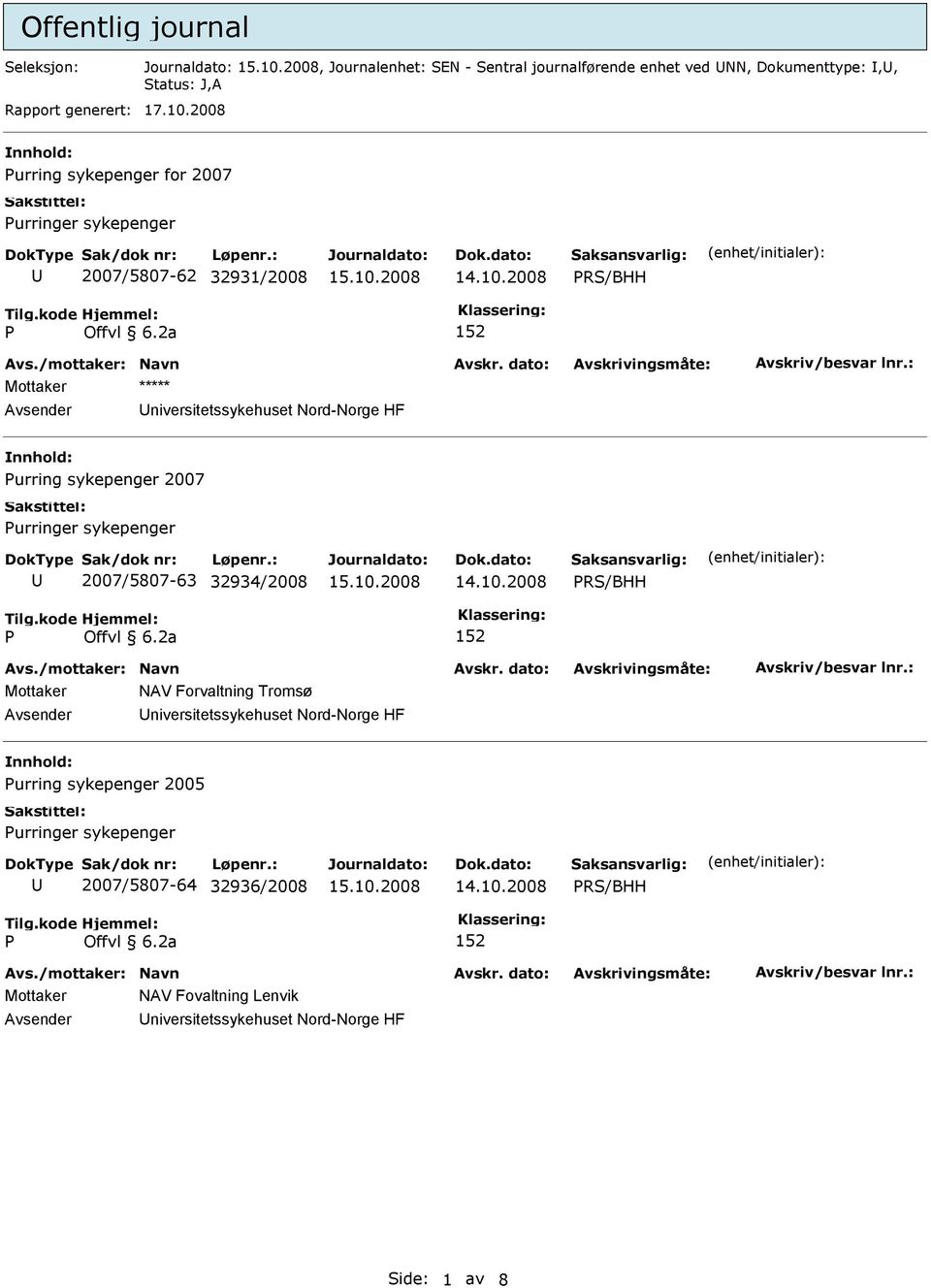 2008 urring sykepenger for 2007 2007/5807-62 32931/2008 Mottaker ***** niversitetssykehuset Nord-Norge HF urring