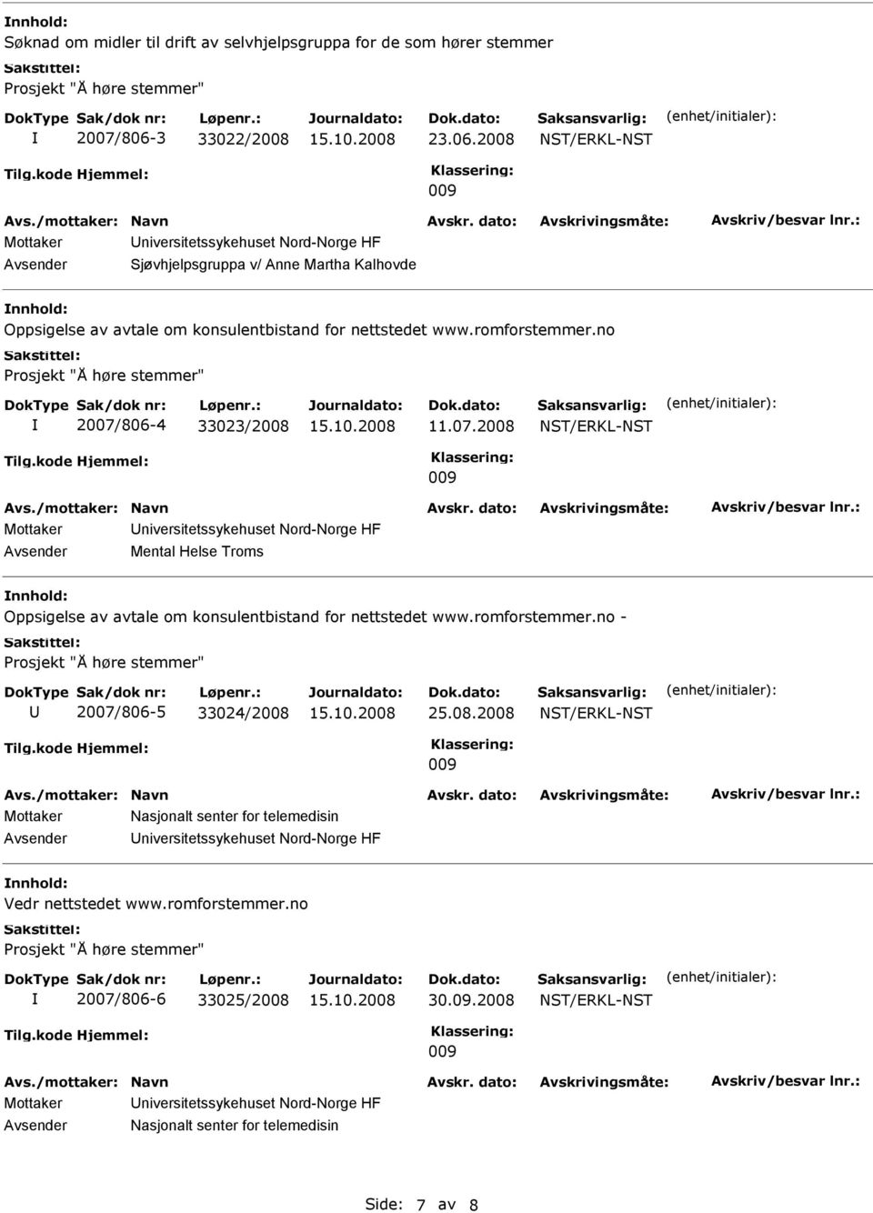 no rosjekt "Å høre stemmer" 2007/806-4 33023/2008 11.07.2008 Mottaker niversitetssykehuset Nord-Norge HF Mental Helse Troms Oppsigelse av avtale om konsulentbistand for nettstedet www.romforstemmer.