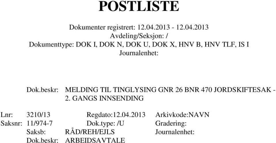 GANGS INNSENDING Lnr: 3210/13 Regdato:12.04.