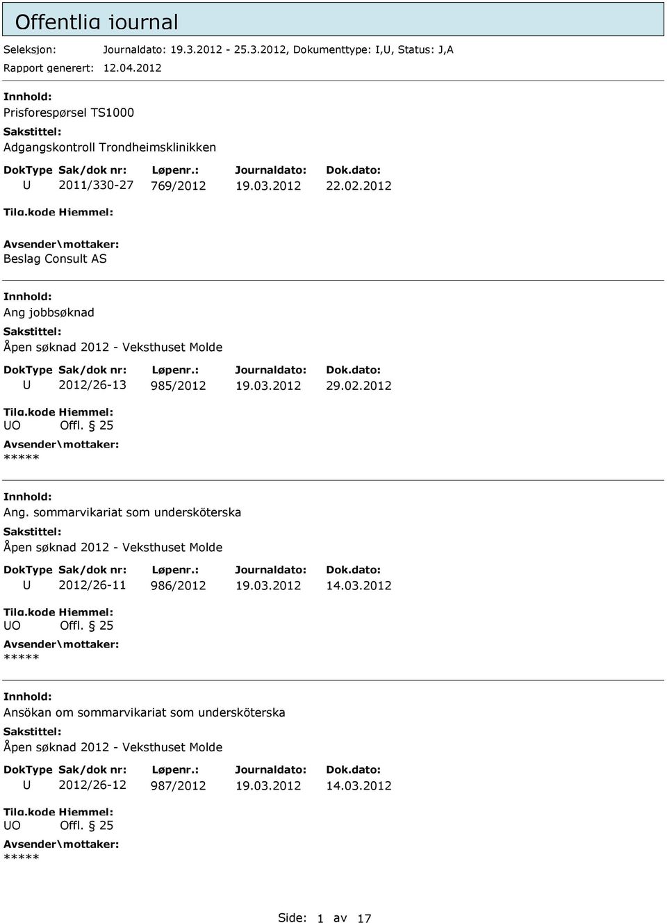 2012 Beslag Consult AS Ang jobbsøknad Åpen søknad 2012 - Veksthuset Molde O 2012/26-13 985/2012 Offl. 25 29.02.2012 Ang.