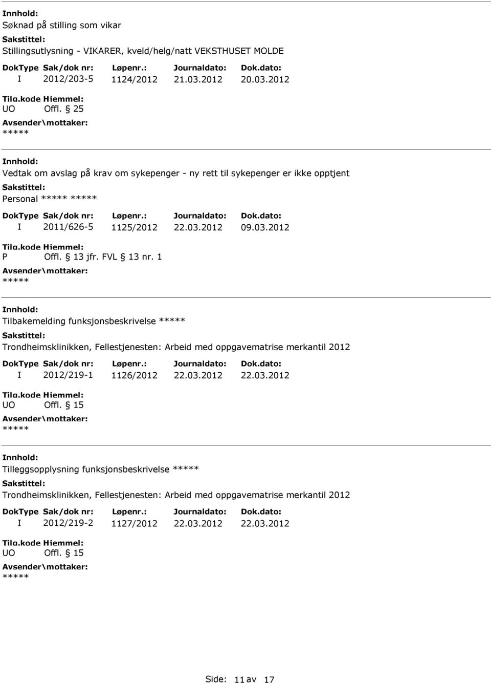 2012 Tilbakemelding funksjonsbeskrivelse Trondheimsklinikken, Fellestjenesten: Arbeid med oppgavematrise merkantil 2012 O 2012/219-1