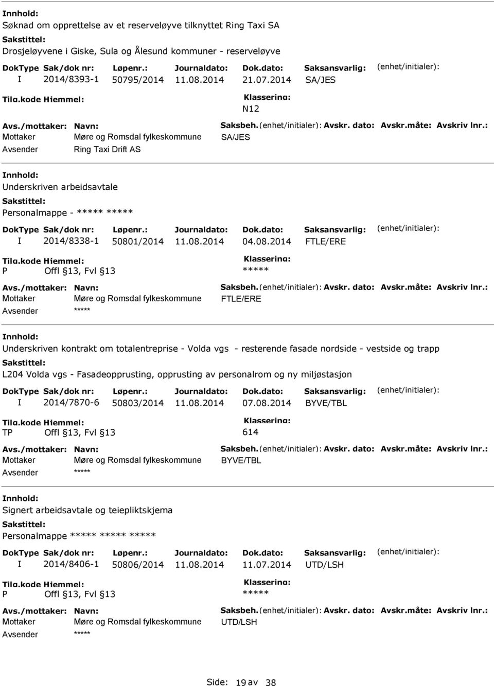 : Mottaker Møre og Romsdal fylkeskommune SA/JES Ring Taxi Drift AS nderskriven arbeidsavtale Personalmappe - ***** ***** 2014/8338-1 50801/2014 04.08.2014 FTLE/ERE P ***** Avs.